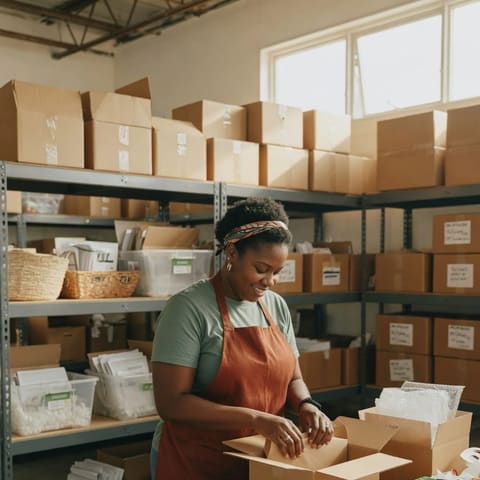 A small-business owner packing online orders at a workbench in a tidy warehouse