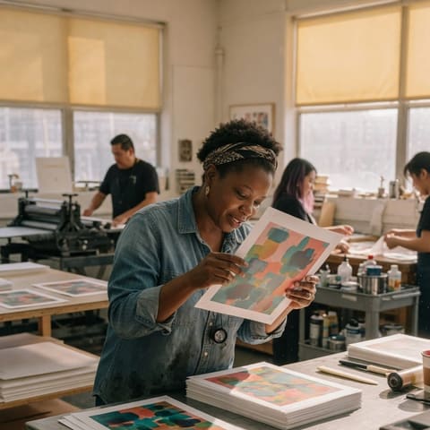 A print shop owner inspecting freshly printed pages in a busy print studio