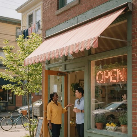 A welcoming small storefront exterior with an open sign in the window on a sunny street