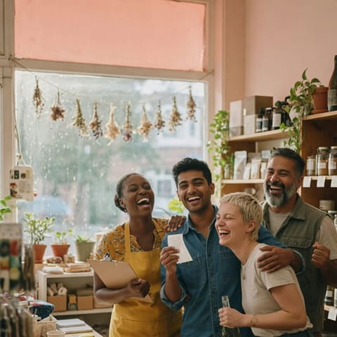 A small team of coworkers laughing and celebrating together inside their shop