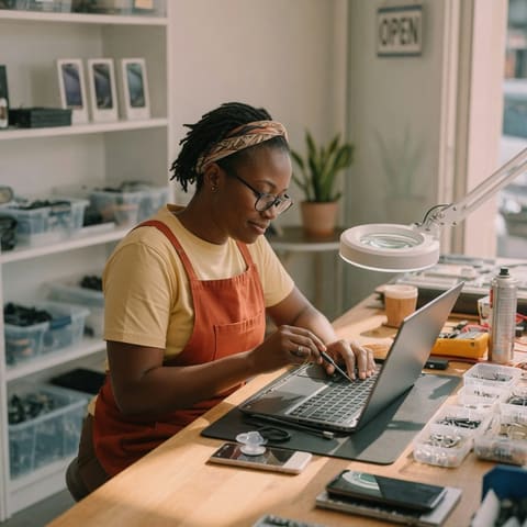 A phone and computer repair shop owner fixing a device at a tidy workbench